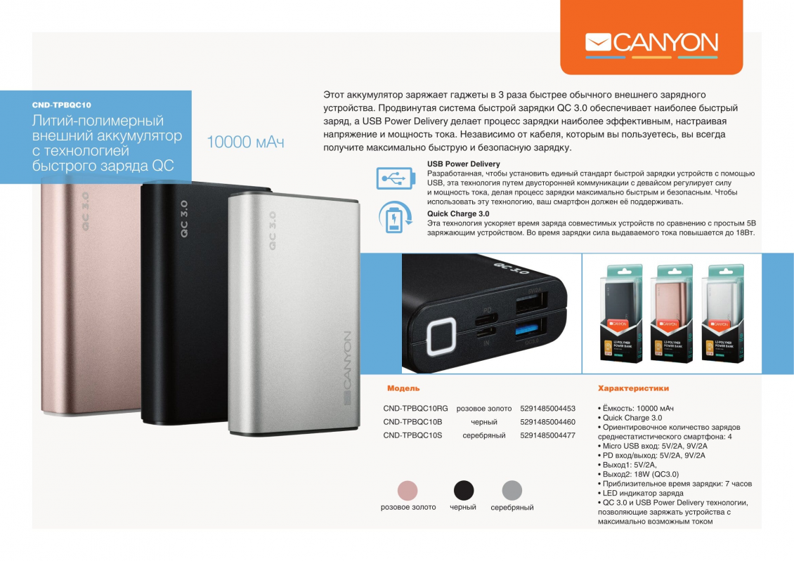 Портативное зарядное устройство CANYON CND-TPBQC10
