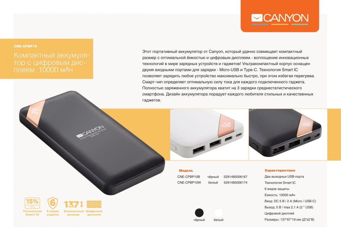 Портативное зарядное устройство CANYON CNE-CPBP10