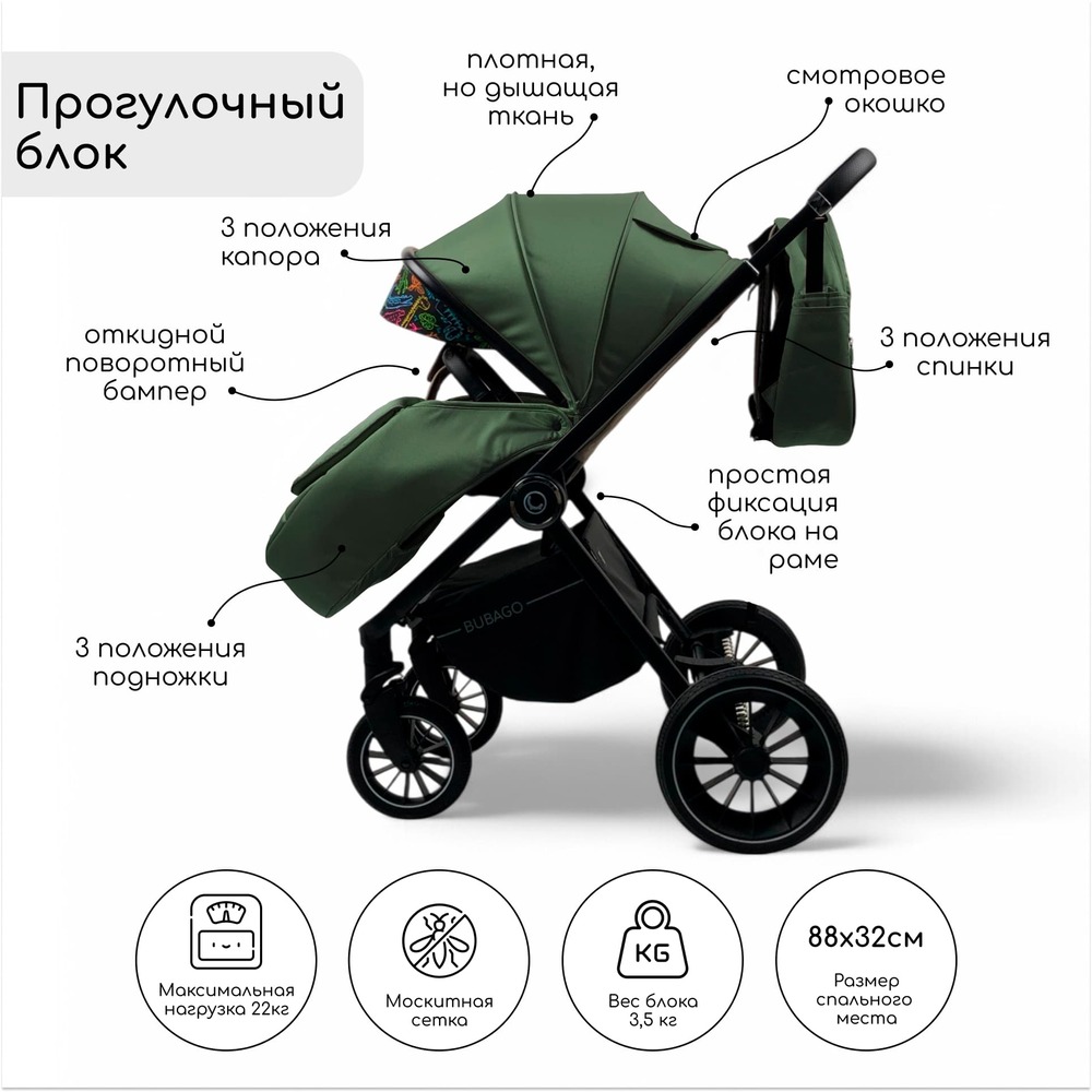 Детская коляска Bubago BLOOM 3in1 BG 152-3 (зеленый) прогулочный блок